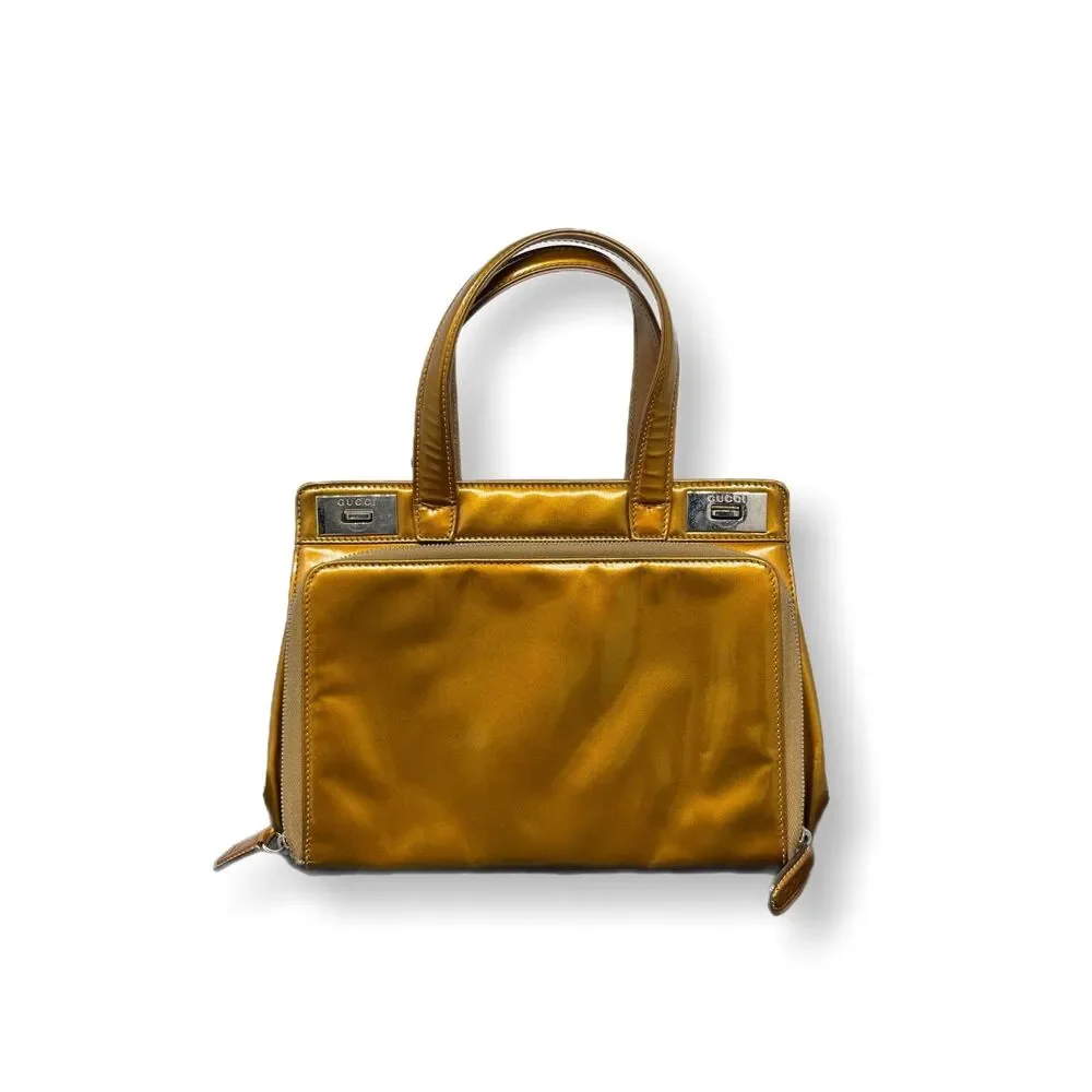 Gucci Gold Patent Leather Satchel Convertible Top Handle Crossbody Bag Y2K EUC